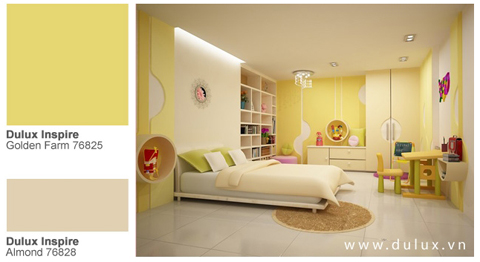 Hay sắc vàng tươi sáng Dulux Inspire Golden Farm 76825 làm sáng bừng lên không gian đáng yêu của bé. Nhớ trang bị thêm cho bé bộ bàn ghế nhỏ xinh vừa vặn làm góc học tập hàng ngày nữa nhé.