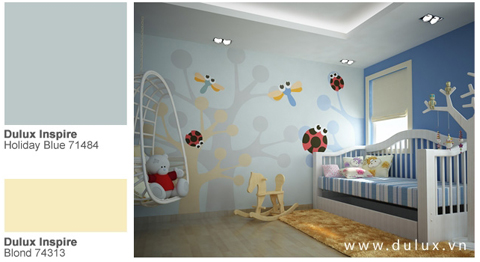 Thử với màu xanh dương Dulux Inspire Holiday Blue 71484, và một khu rừng với những chú bọ cánh cứng và chuồn chuồn cách điệu thật đáng yêu.